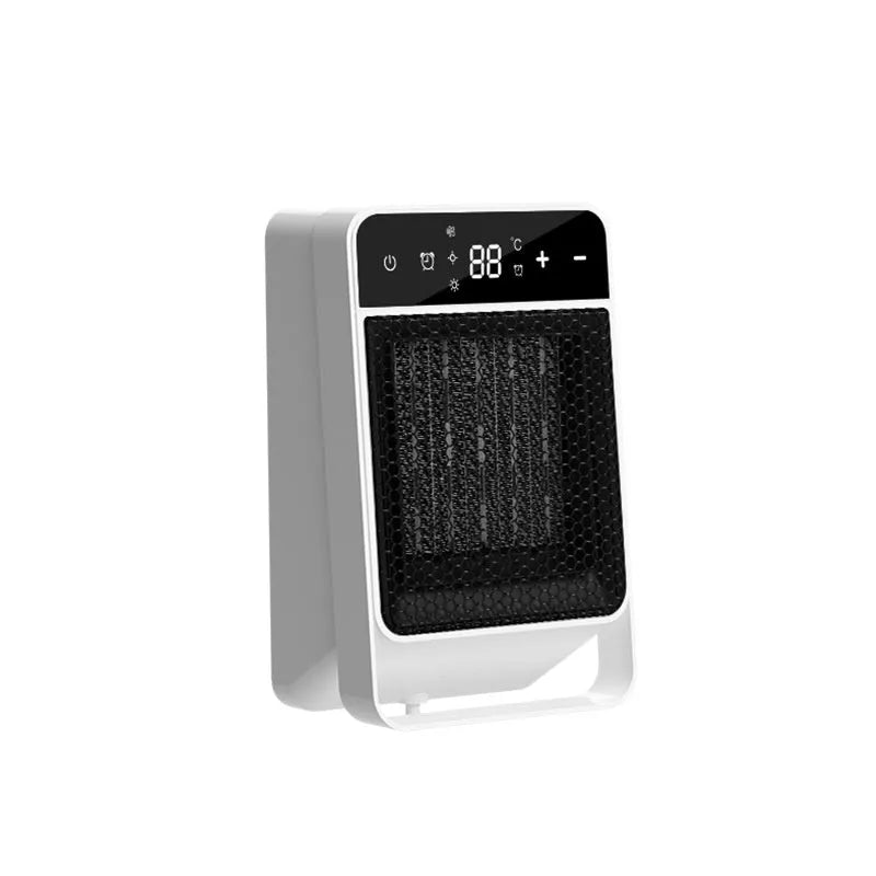 Black desktop warm air blower heater with touch screen digital display and remote control on wooden desk