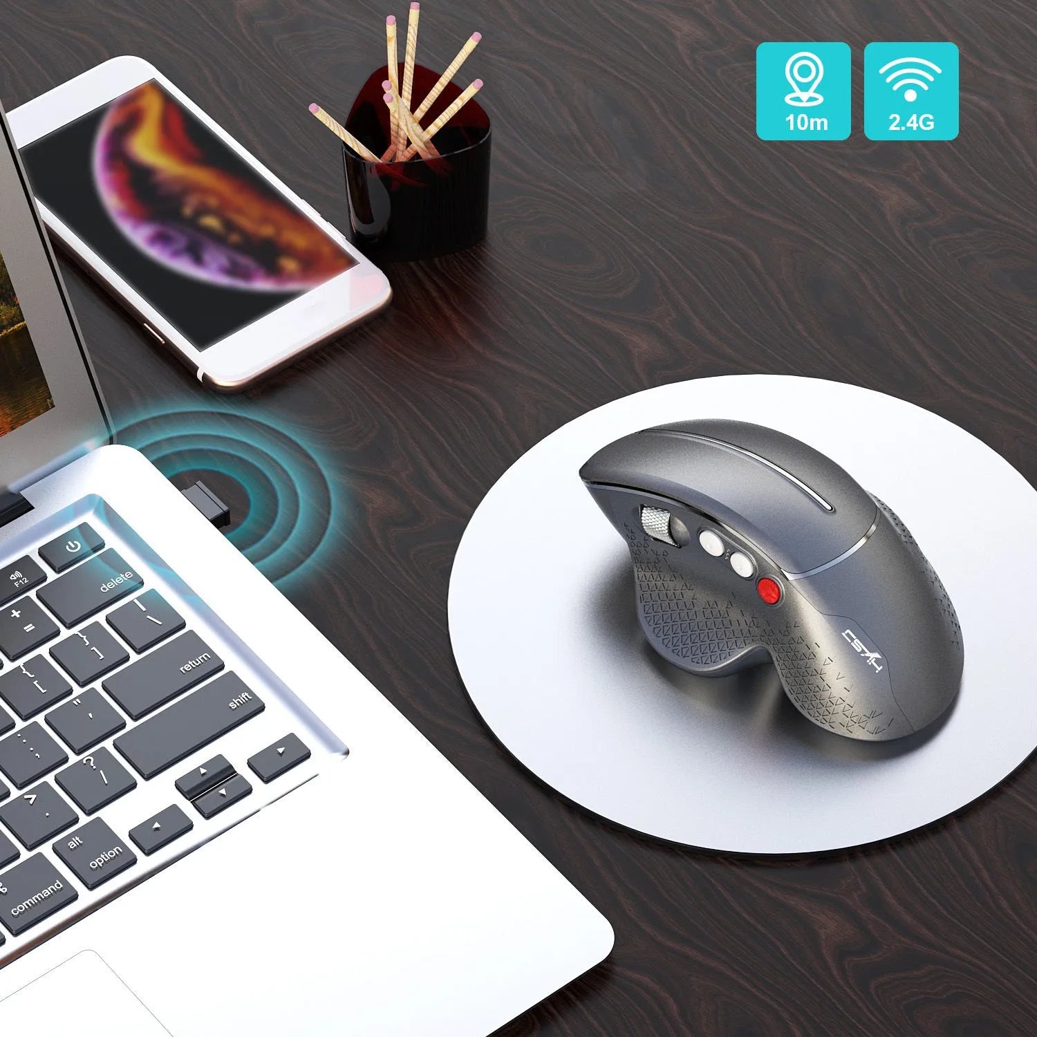 T32 wireless vertical ergonomic mouse in black or silver with aluminium side roller and USB receiver