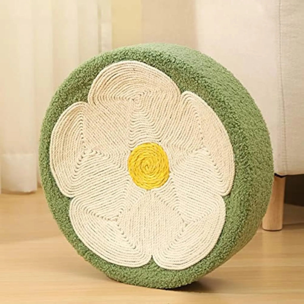 Green round cat scratcher bowl lounge bed with sisal scratching surface measuring 39cm diameter