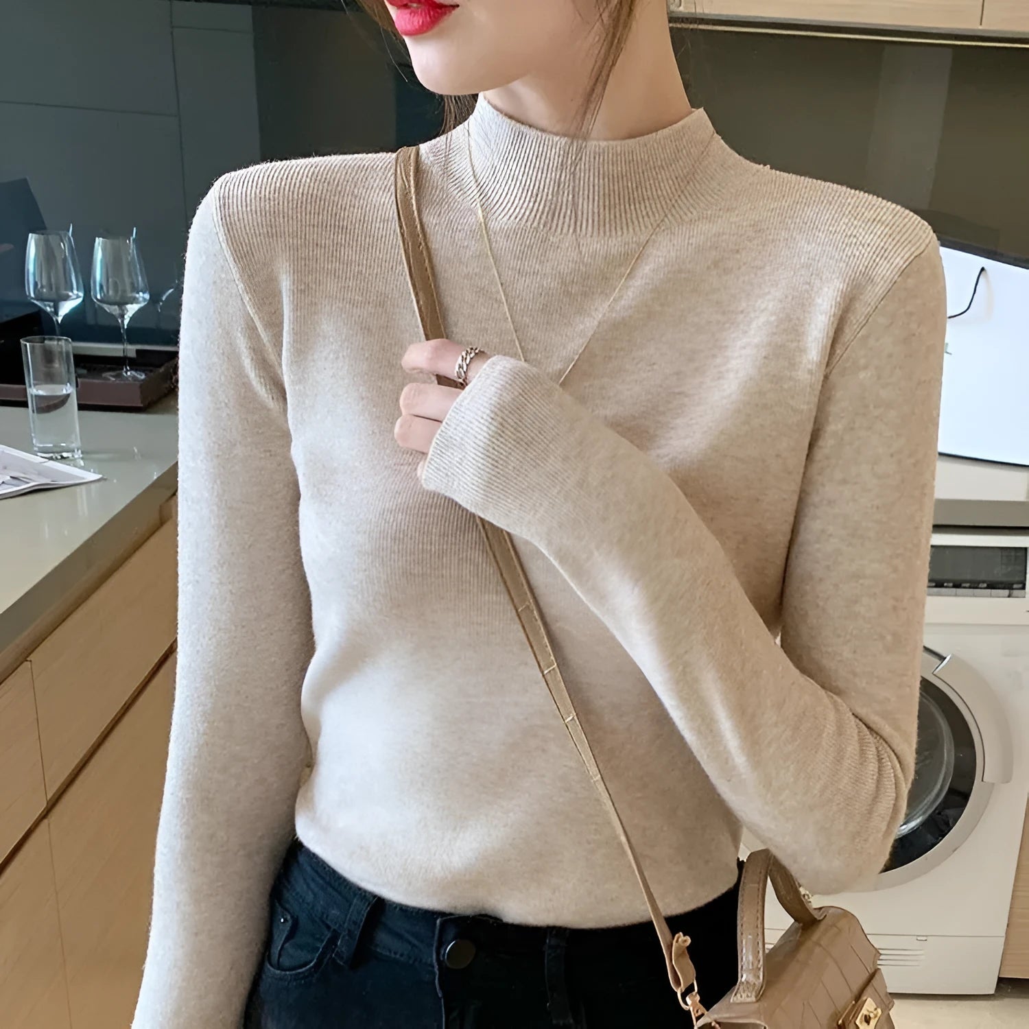 Slim fit viscose fibre bottoming shirt with long sleeves in apricot colour