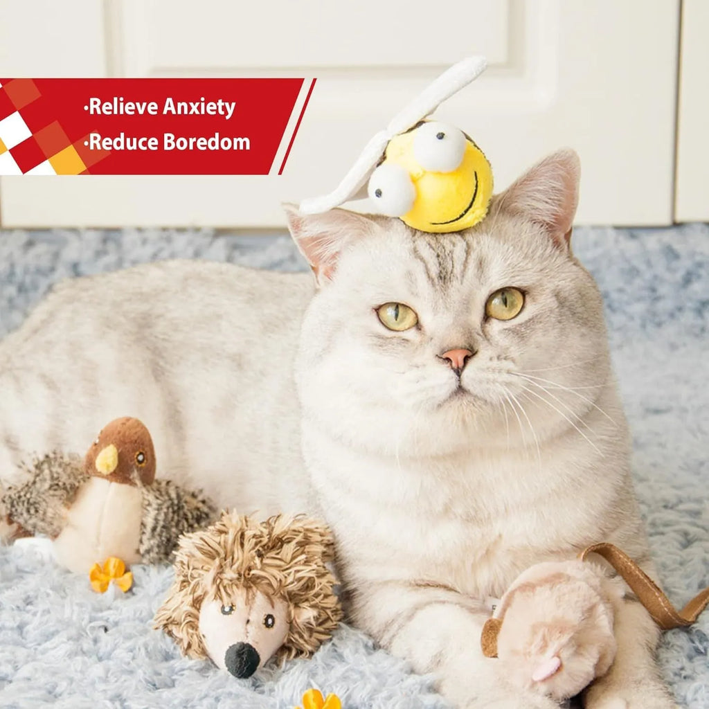Yellow bee-shaped interactive cat toy with motion-activated squeaking function