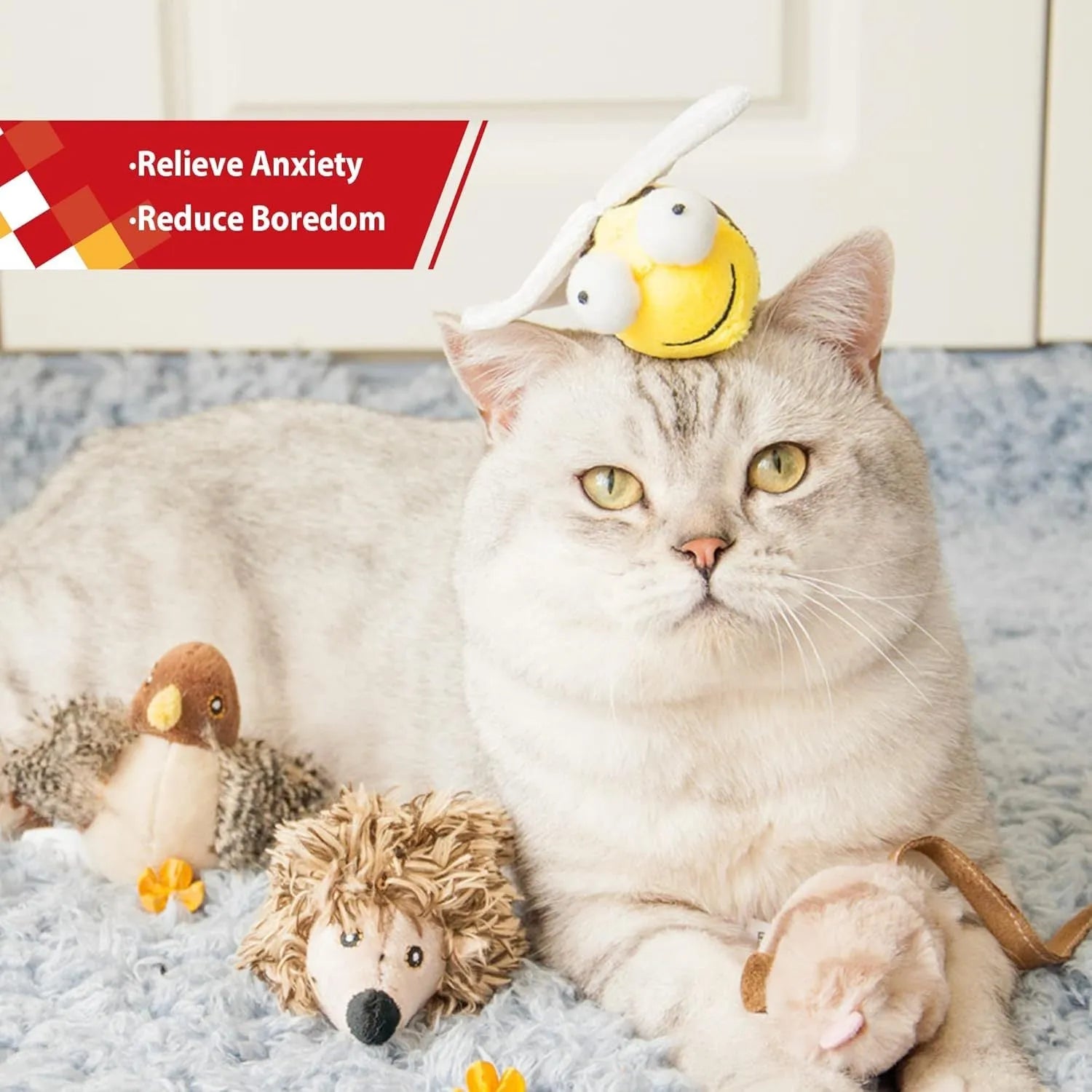 Yellow bee-shaped interactive cat toy with motion-activated squeaking function