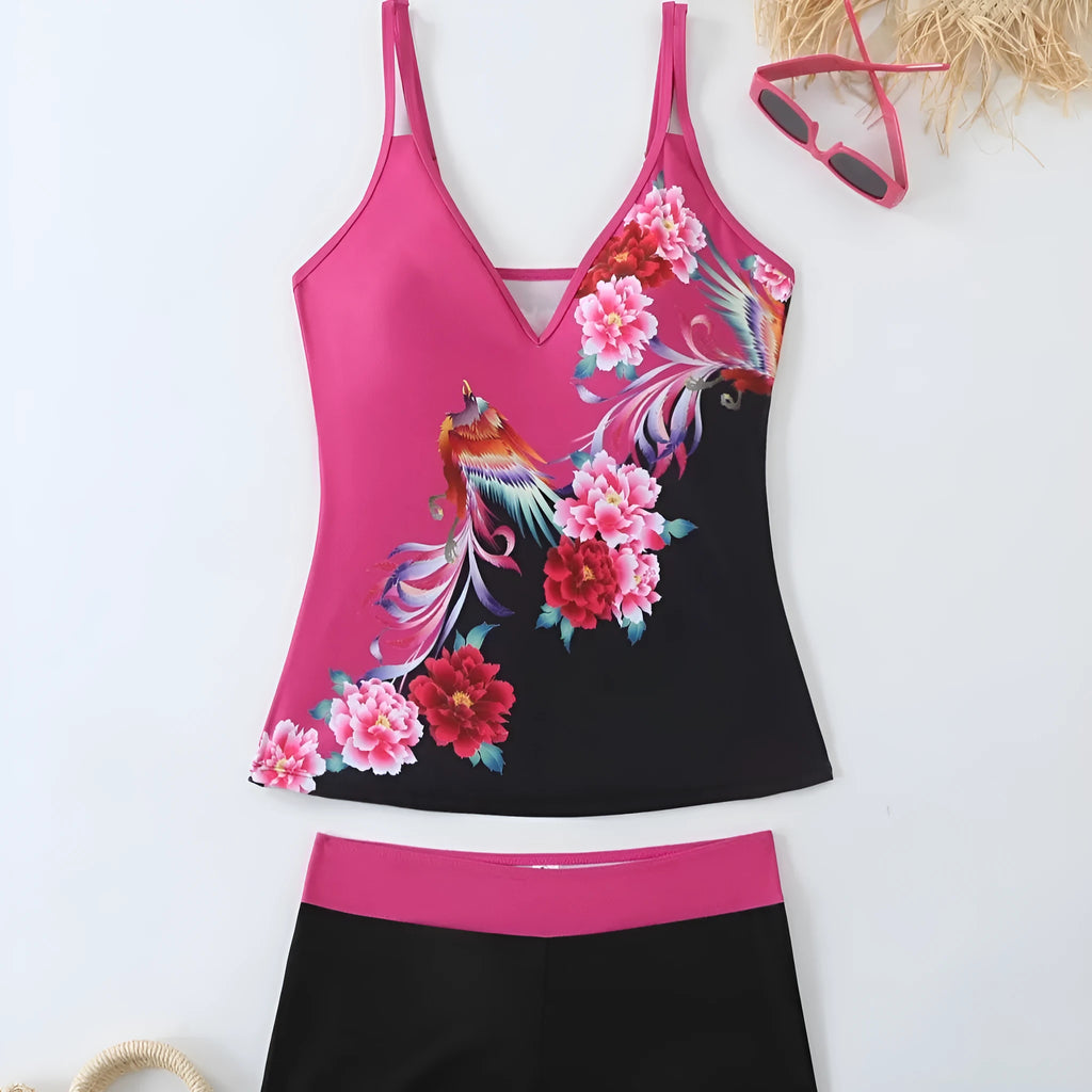 Plus size women's printed swimsuit briefs in black or rose red with matching trunks.
