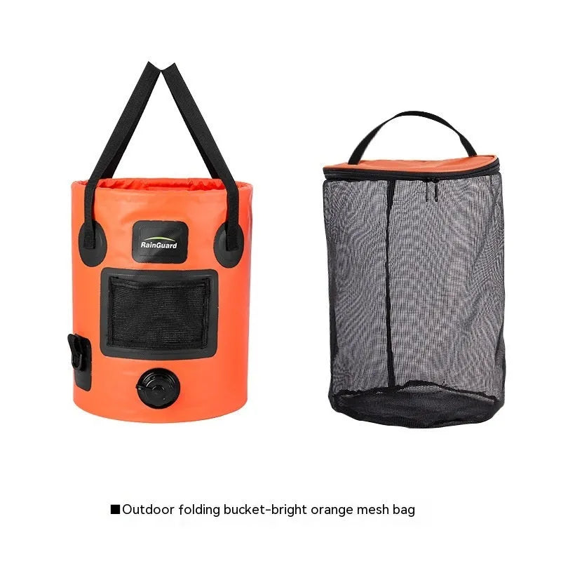 Outdoor portable folding fishing bucket in lemon yellow colour showing 25L capacity and foldable design