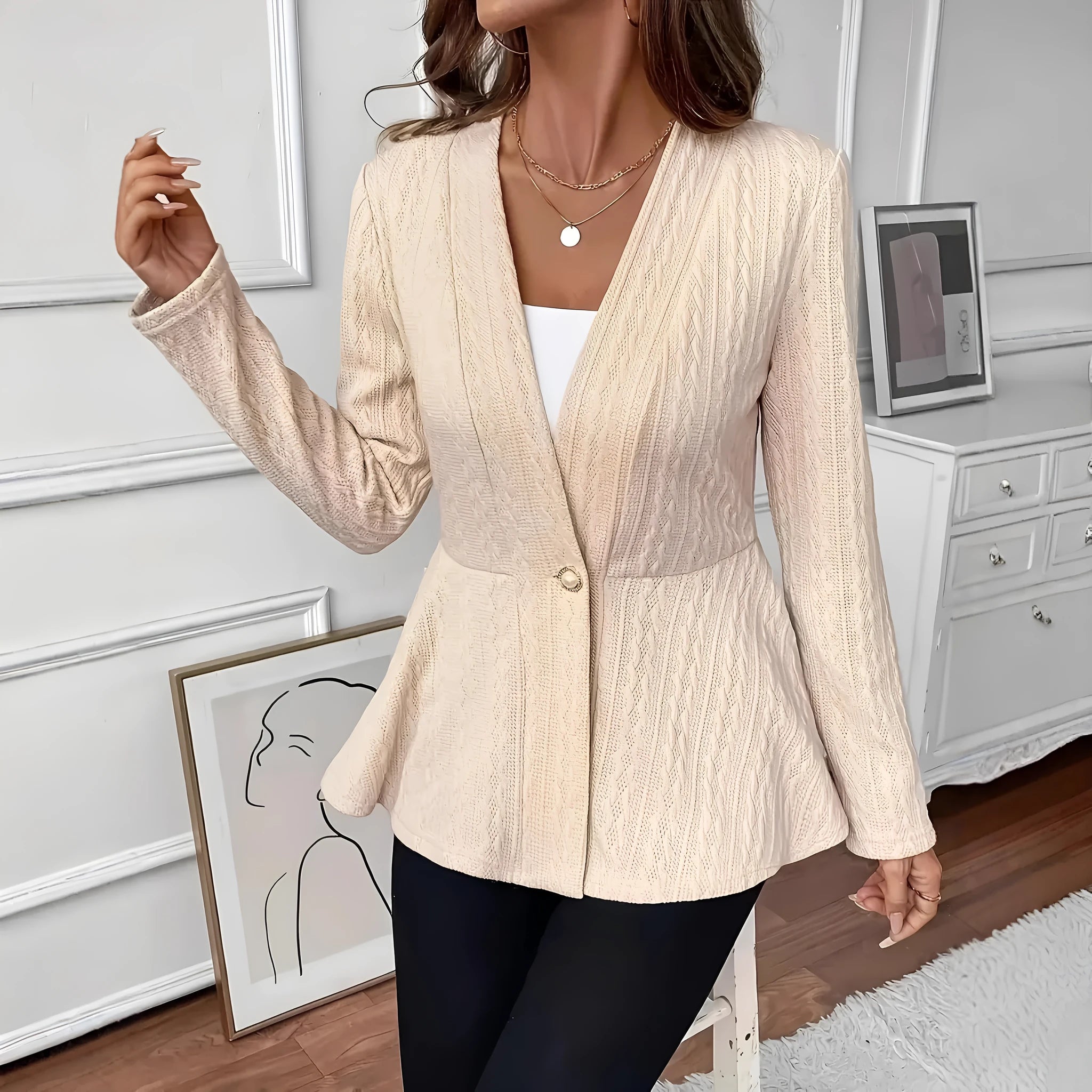 Women's apricot jacquard knit cardigan with one button front closure