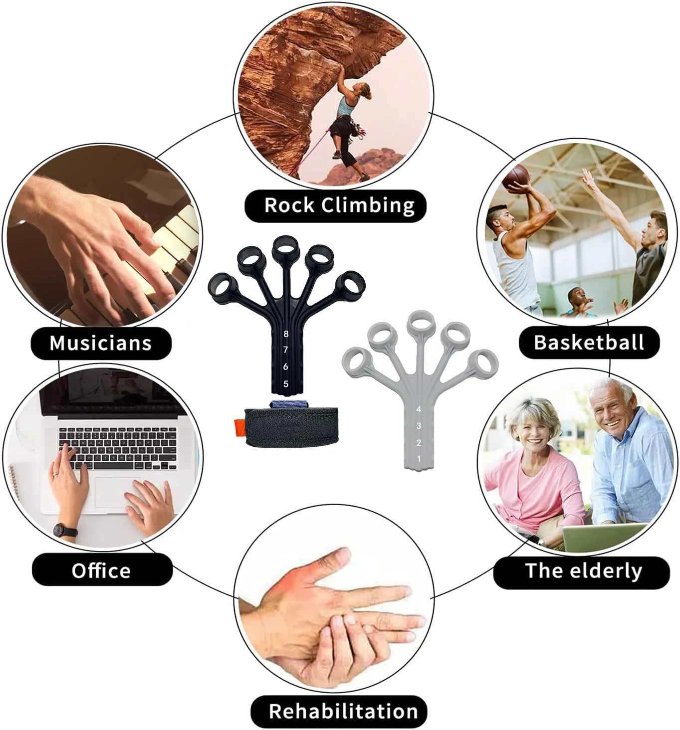 Black and grey silicone finger rehabilitation trainer with adjustable tension belts