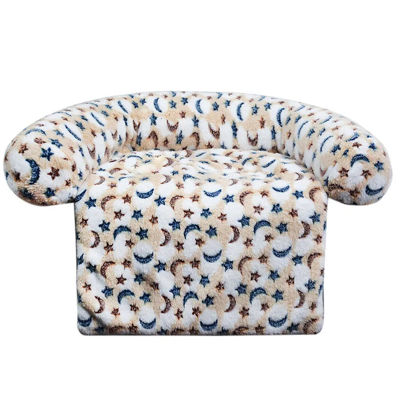 Plush kennel sofa blanket in orange star moon colour on a light background