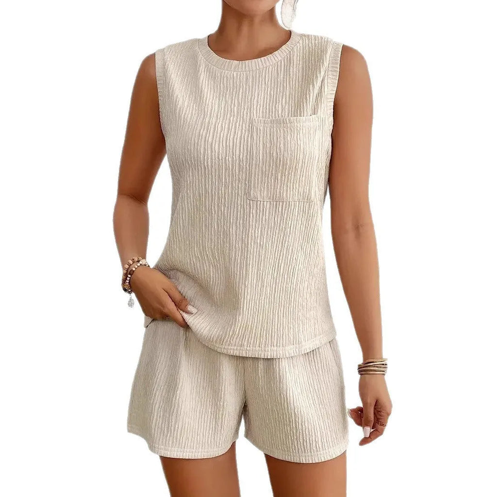 Women's solid colour polyester vest and shorts set in apricot or orange with Asian sizing options