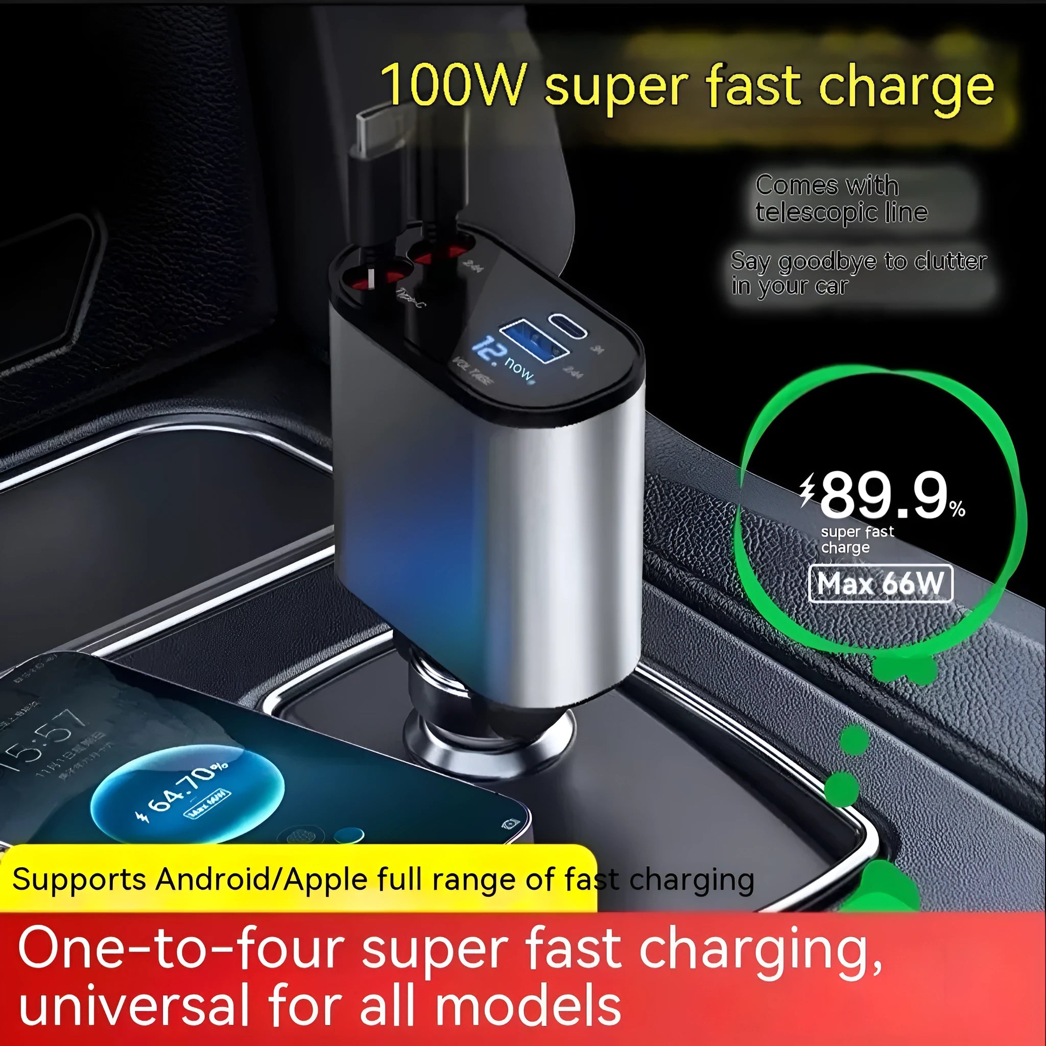 Automatic retractable car charger with cigarette lighter plug and retractable headband for cable management