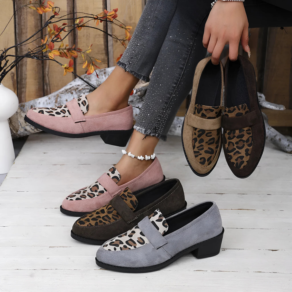 Leopard print slip-on suede pumps with chunky mid-heel in three colour options