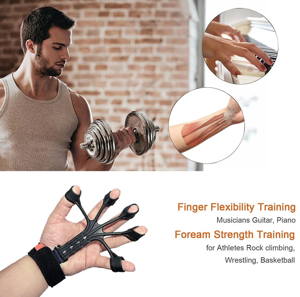 Black and grey silicone finger rehabilitation trainer with adjustable tension belts