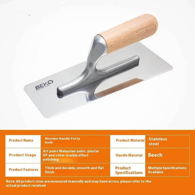 Stainless steel putty scraper with wooden handle for decorative floor and wall compound application