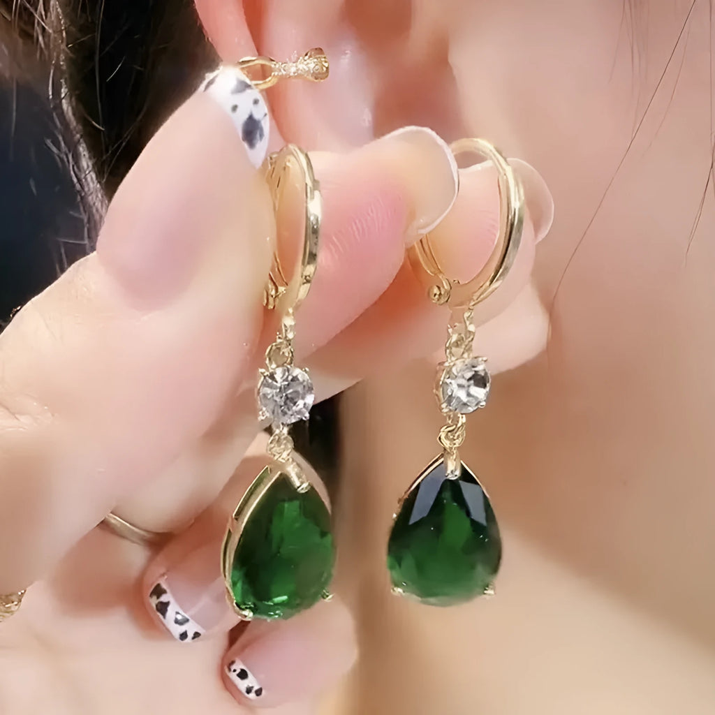 Geometric teardrop earrings in alloy metal with emerald green colour finish