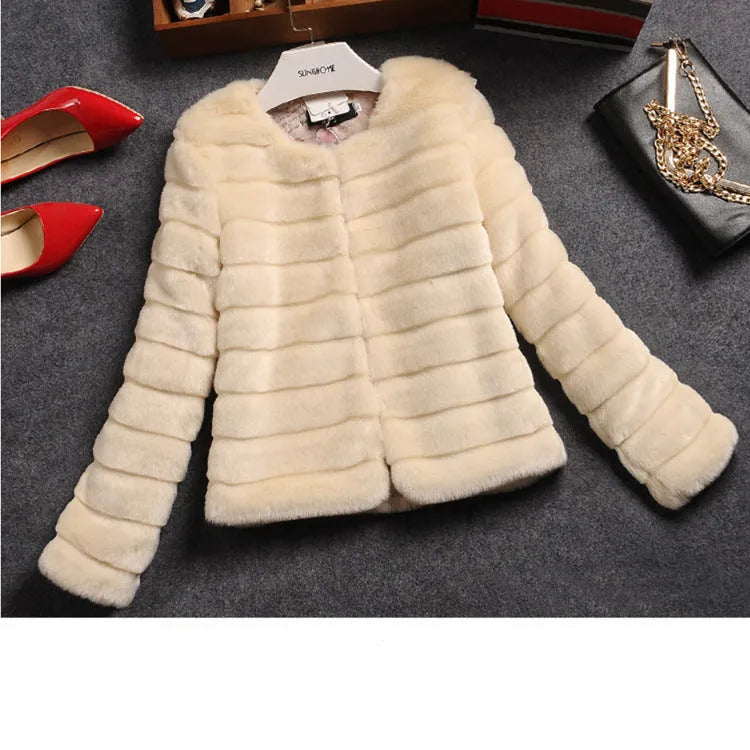 Women's short faux fur top in street fashion style with regular sleeves available in white black and beige sizes S to 9XL