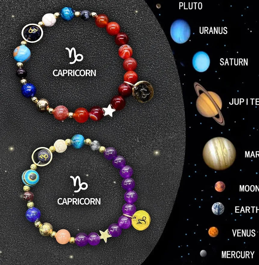 Two natural stone beaded bracelets for zodiac signs on a neutral background.