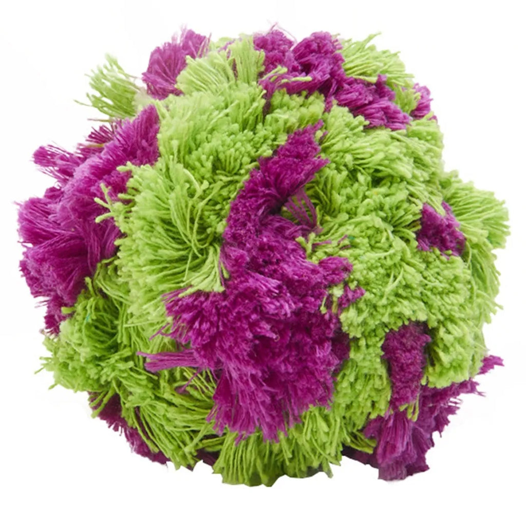 Purple plush seaweed ball design dog chew toy, 15cm in diameter, on a white background.