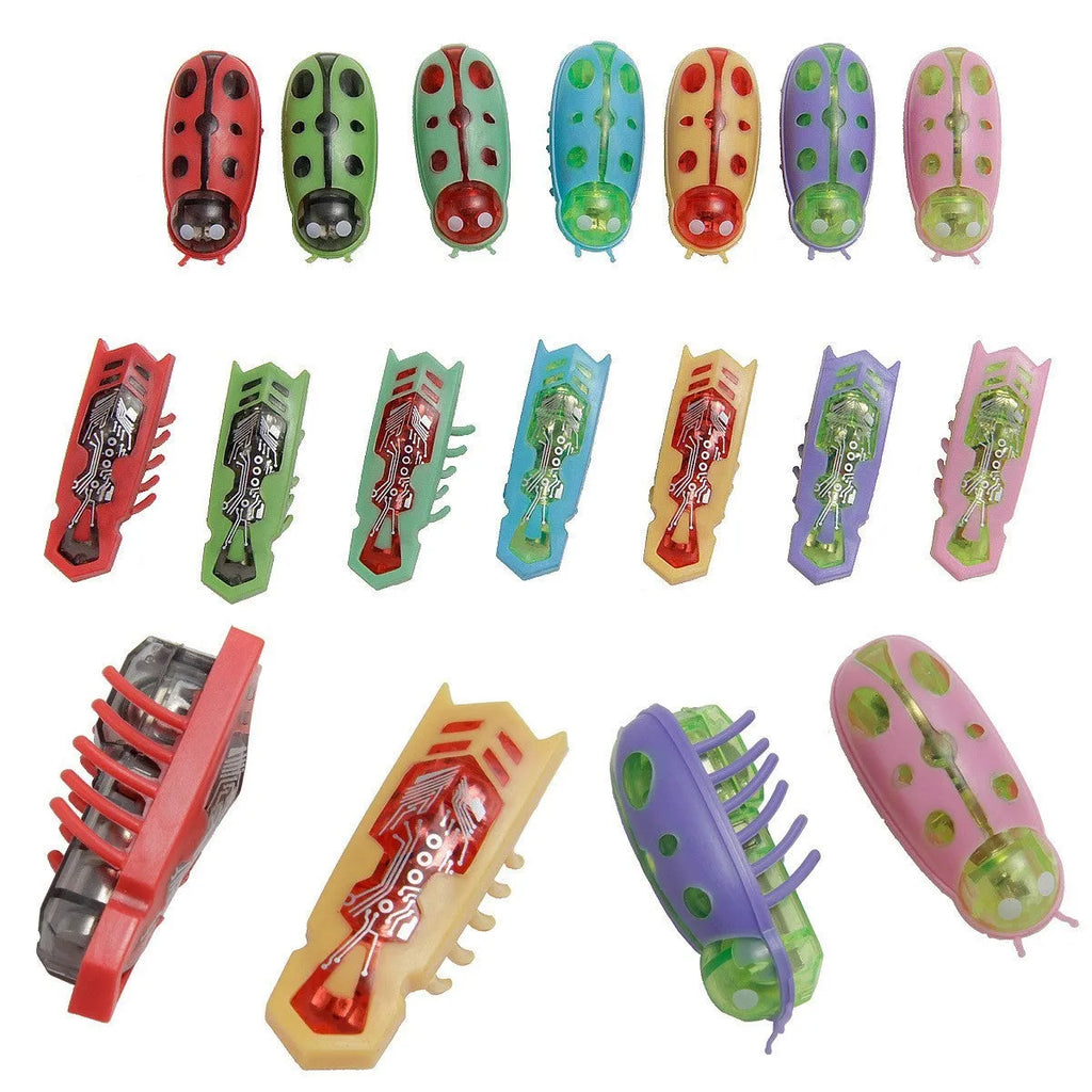 Electric jumping insect cat teaser toy showing iron cow and ladybug designs in red, green, and purple colour combinations