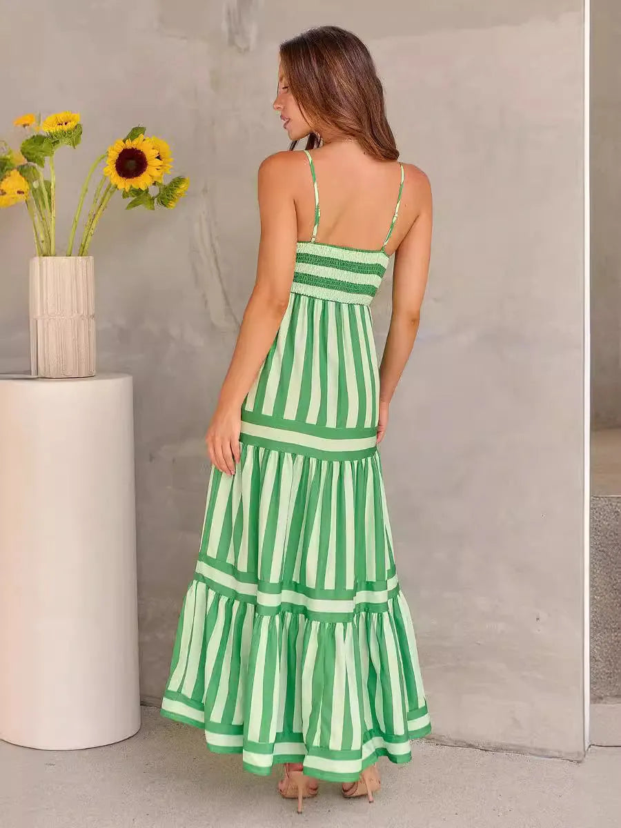 Women's striped backless summer dress with suspender straps and side pockets in polyester spandex fabric
