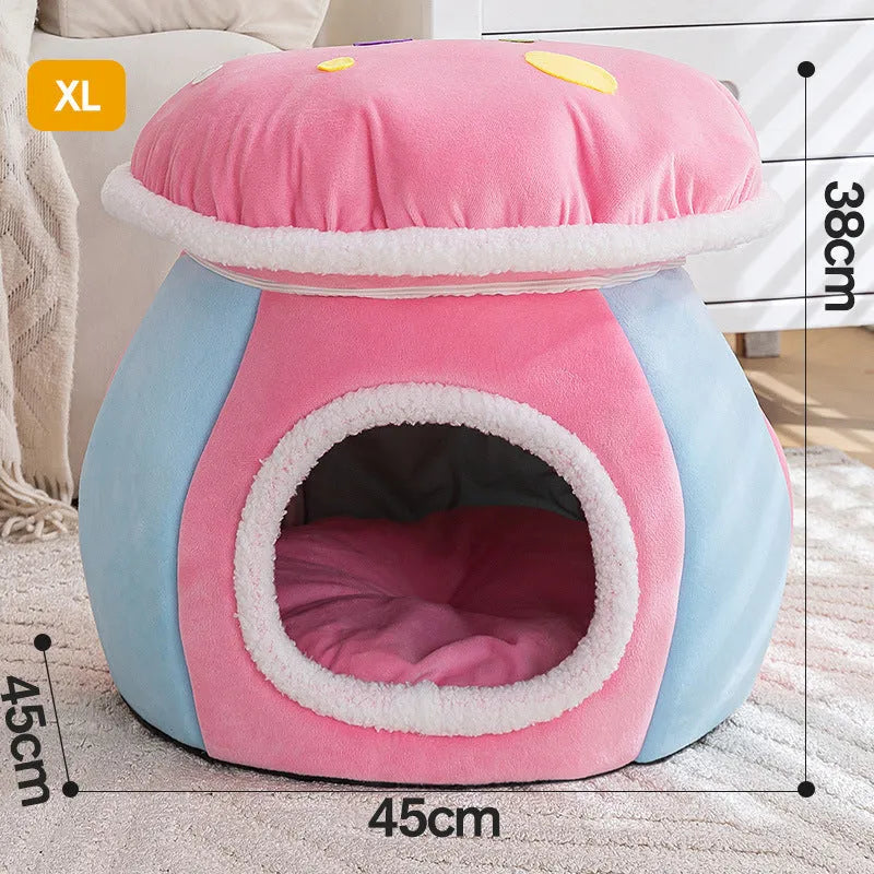 Grey mushroom-shaped plush cat bed with a detachable design and included blanket.