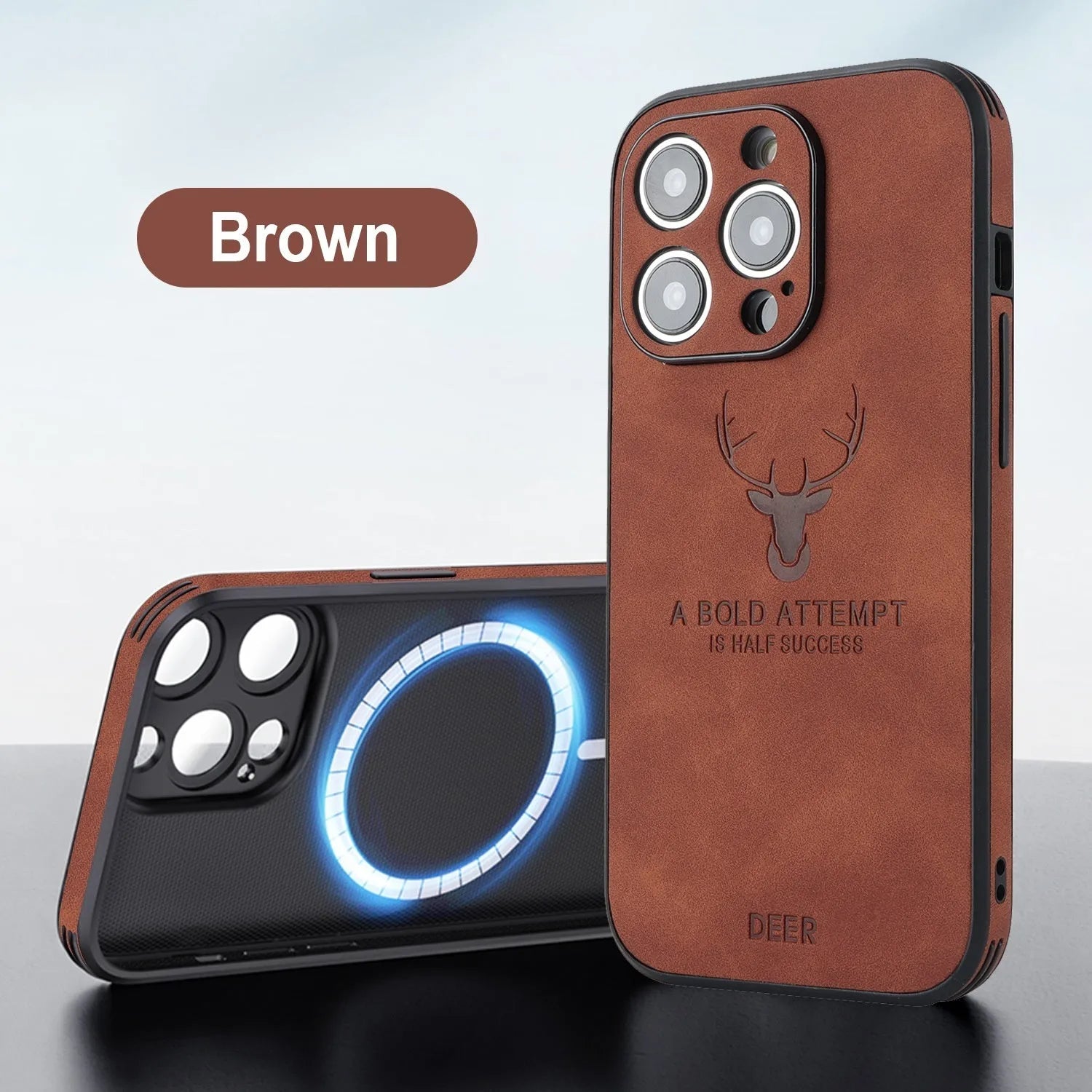 Magnetic charging iPhone 16 case with embossed moose head design in imitation leather material