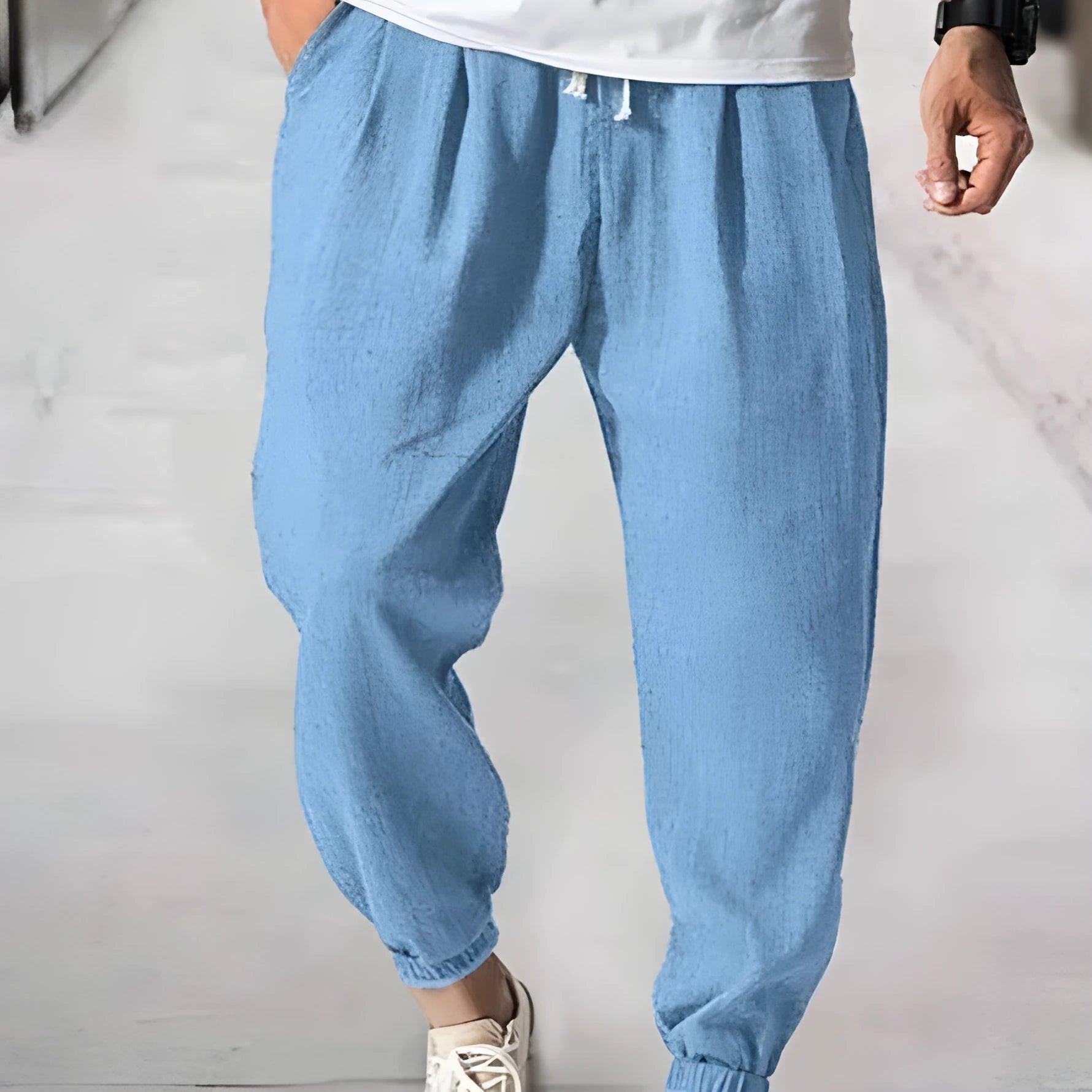 Men's cotton casual trousers with elasticated ankle cuffs in multiple colours including light green