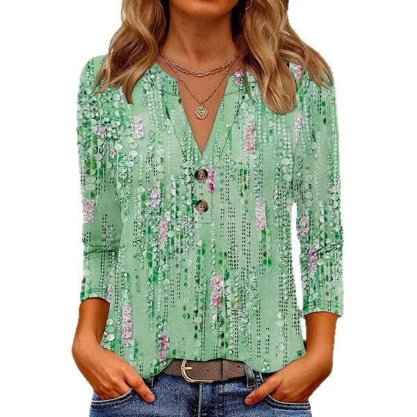 Women's casual V-neck t-shirt with 3D printed pattern showing loose-fit Asian sizing
