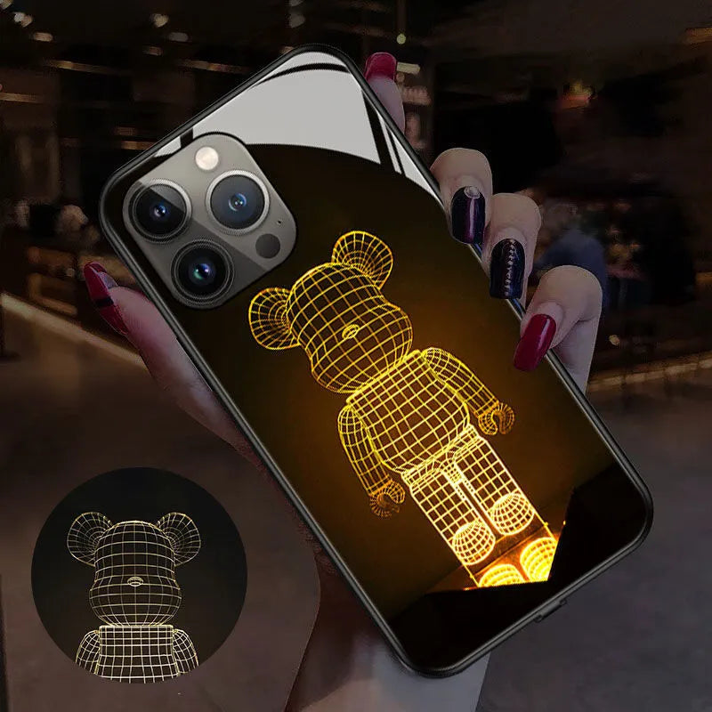 Luminous technology iPhone case with TPU and tempered glass construction showing Technology Bear design