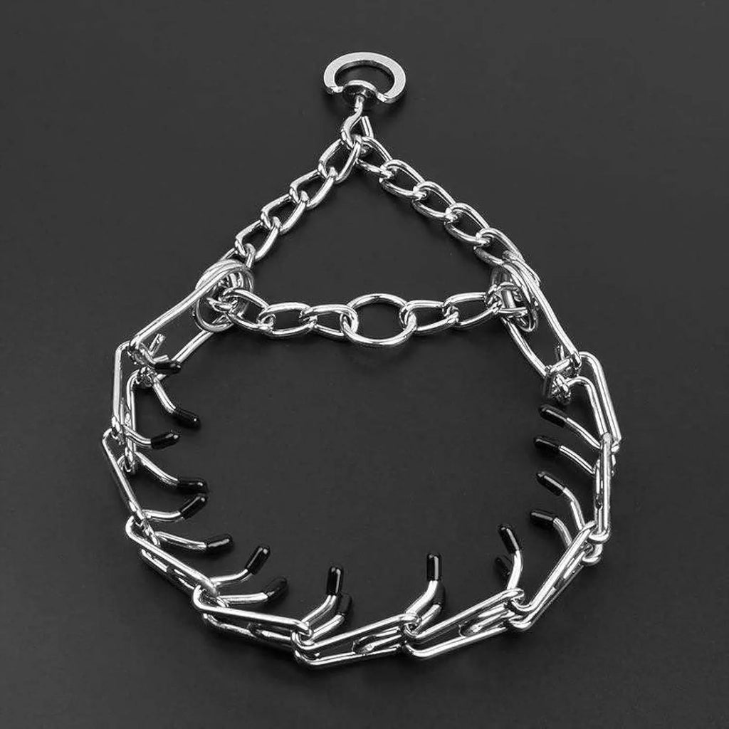 Stainless steel dog prong training collar with black rubber comfort tips, shown with adjustable chain links.
