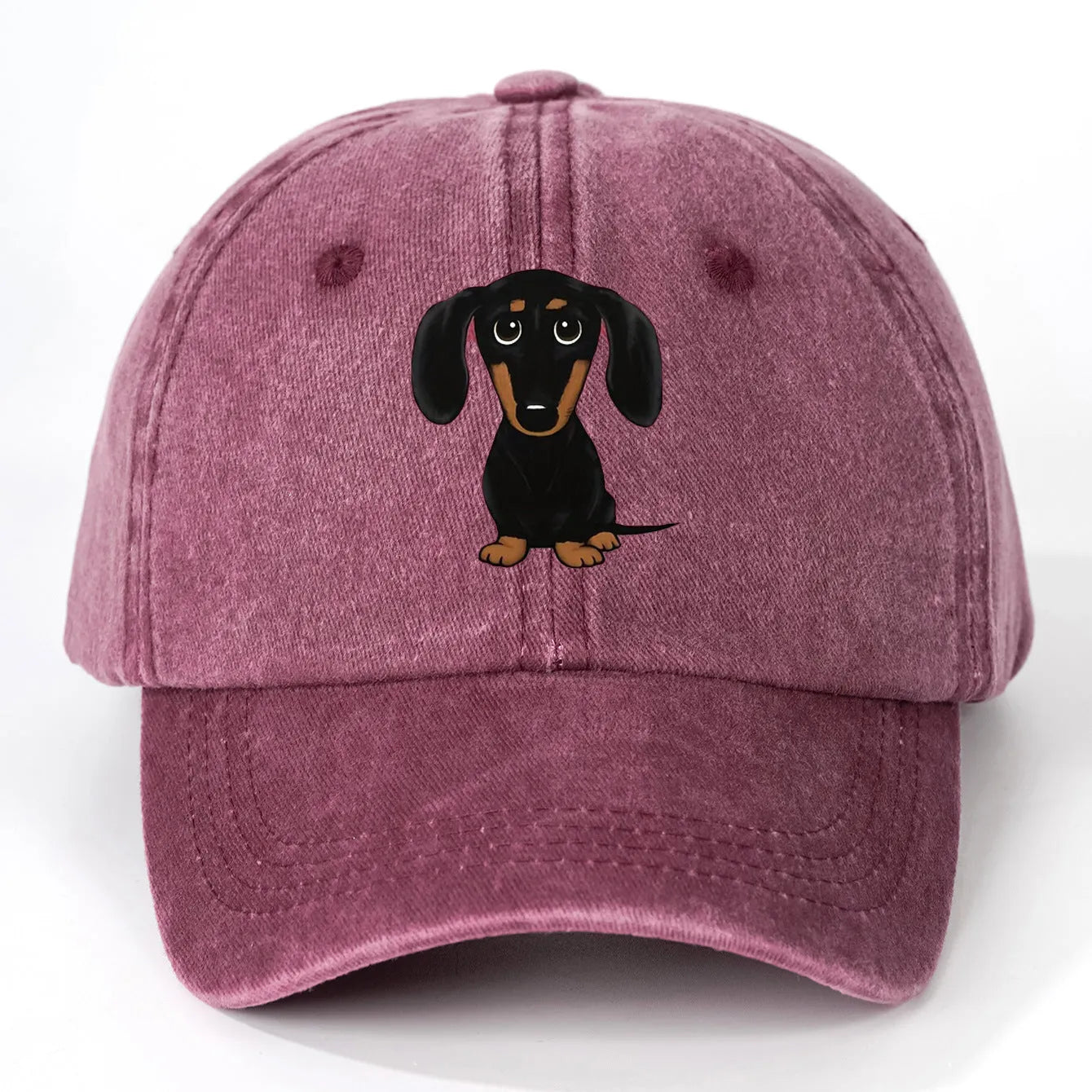Retro cotton baseball cap with embroidered Dachshund design on dome crown, size M fits 56-58cm head circumference