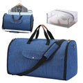 Folding duffel bag in Oxford cloth, shown in dark blue, with a 36-55 litre capacity for travel and gym use.