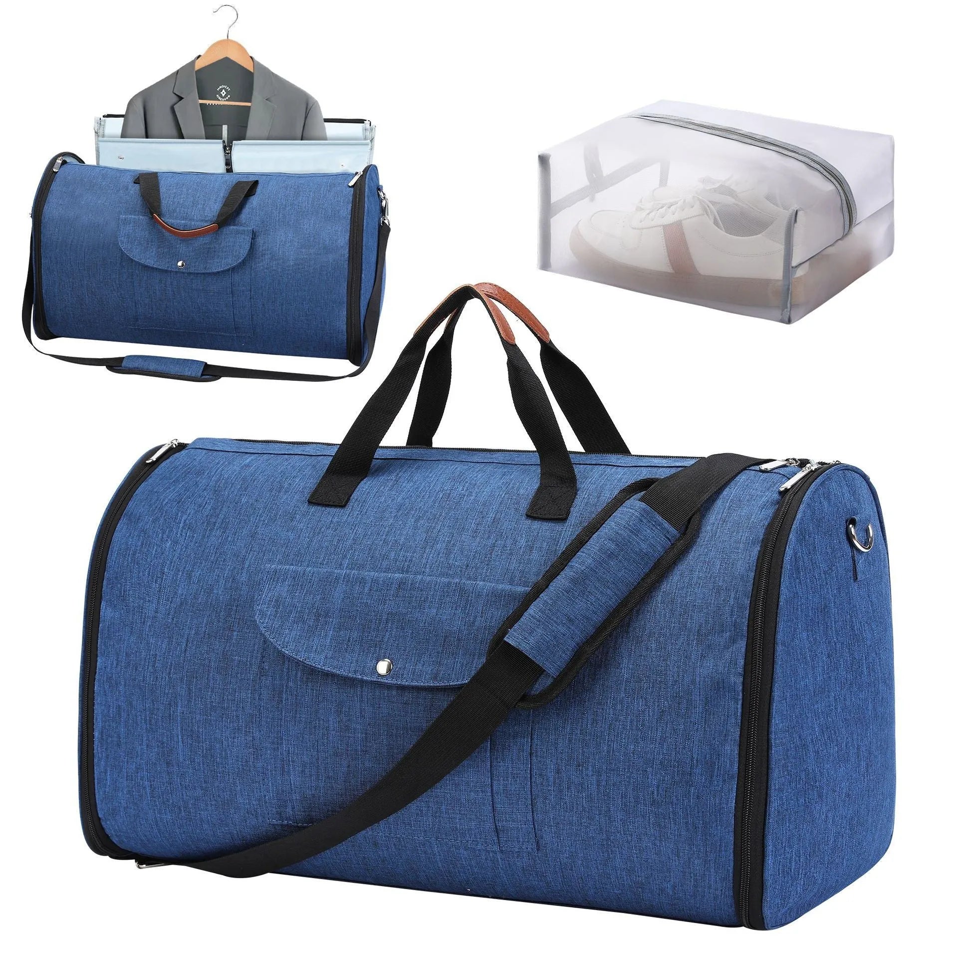 Folding duffel bag in Oxford cloth, shown in dark blue, with a 36-55 litre capacity for travel and gym use.