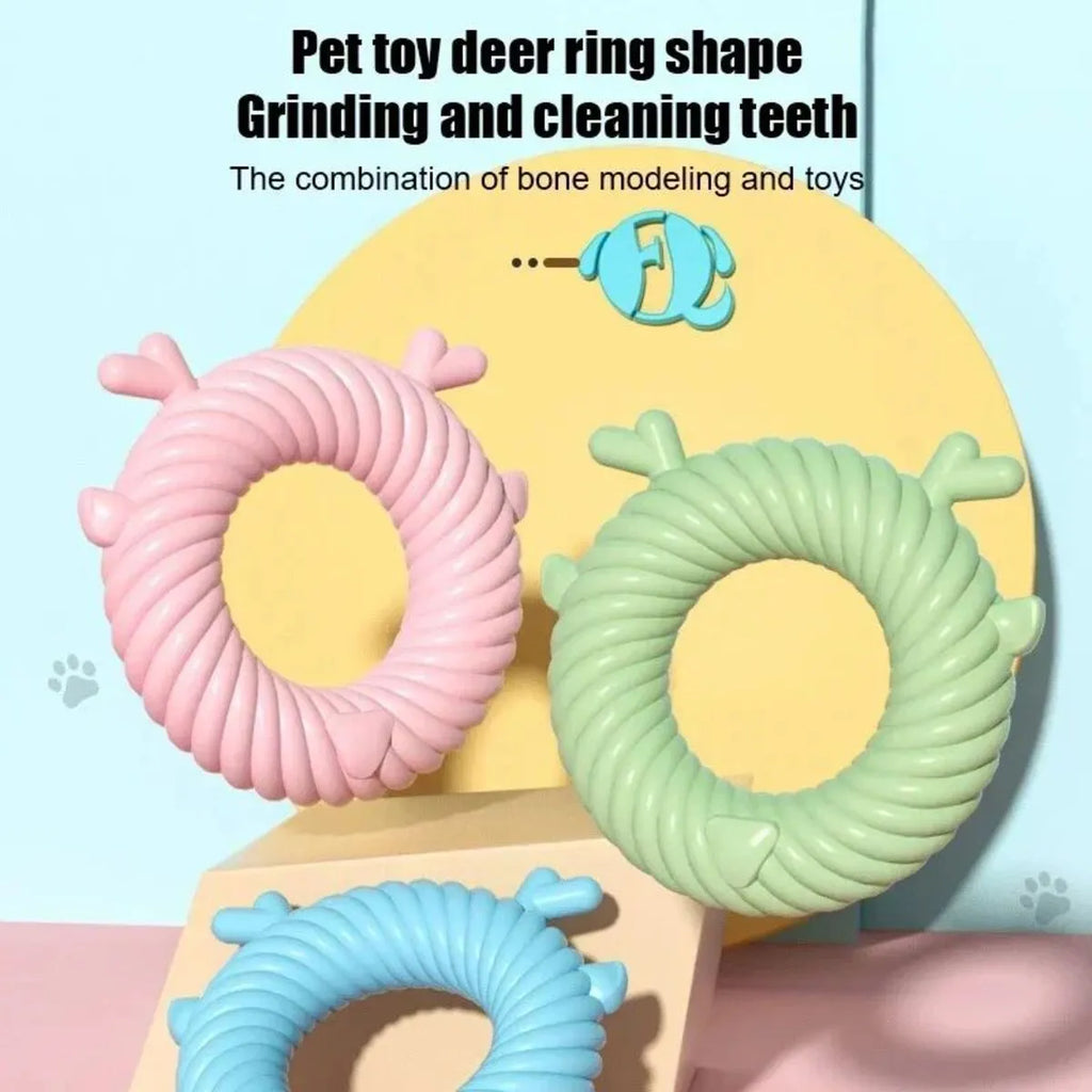 TPR dog teething chew toy in deer shape with spiral groove, light blue colour