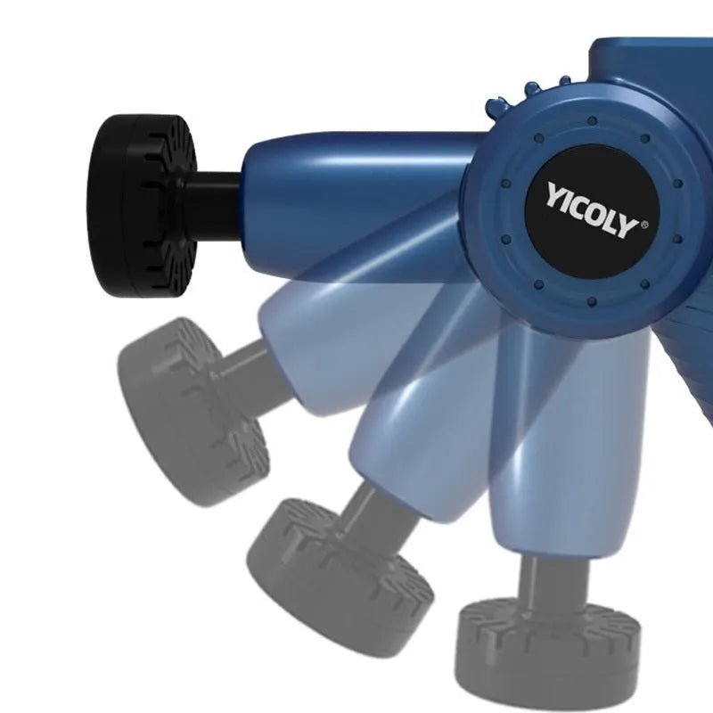 Black intelligent muscle massage gun with adjustable angle, five massage heads, and a storage bag.