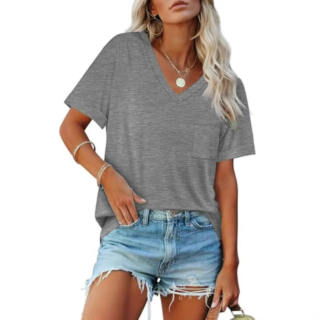 Grey loose fit V-neck T-shirt with chest pocket in casual style