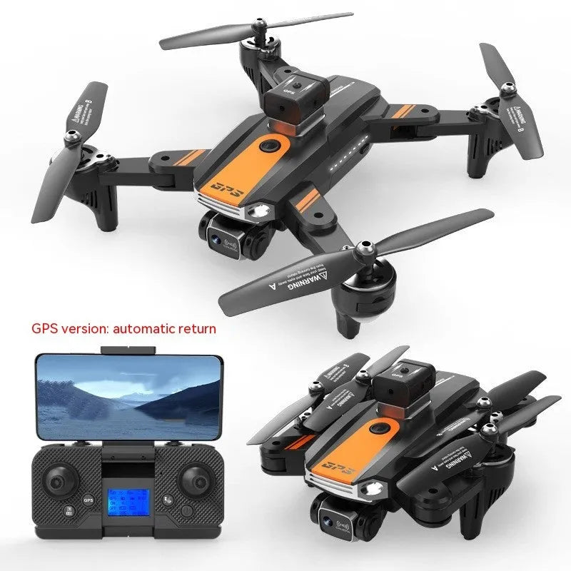 Orange quadcopter drone with four propellers and dual cameras showing obstacle avoidance sensors