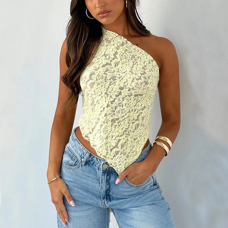 Women's slim fit lace backless sleeveless top with asymmetrical neckline in solid colour