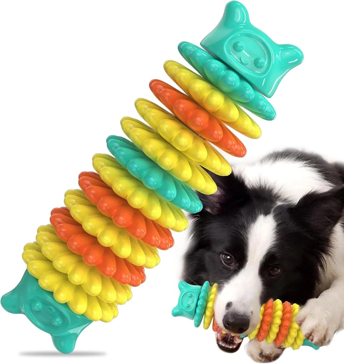 Blue rubber caterpillar-shaped dog chew toy for aggressive chewers on a plain background