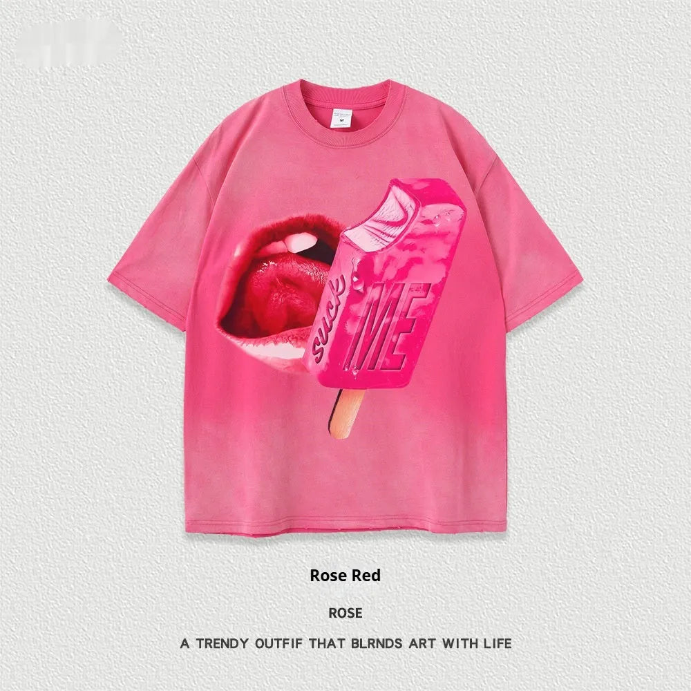 Loose fit heavy washed cotton t-shirt with a cartoon print on the front, shown in a selected colour.
