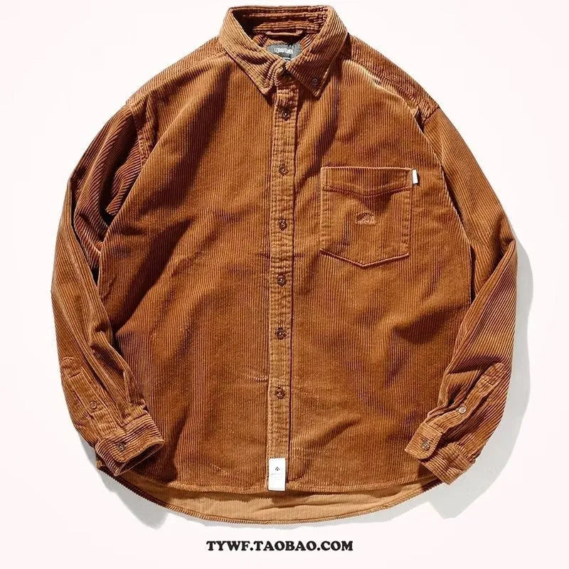 Long sleeve corduroy shirt in loose Japanese Hong Kong streetwear cardigan style
