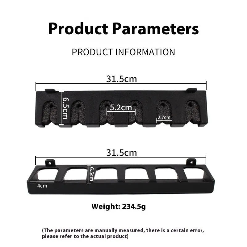 Black ABS plastic wall-mounted fishing rod holder rack in horizontal and upright frame styles