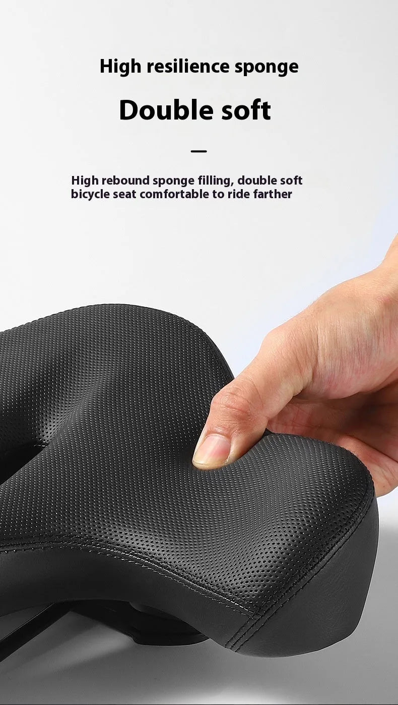Black bicycle seat cushion with leather surface and polyurethane foam interior for shock absorption