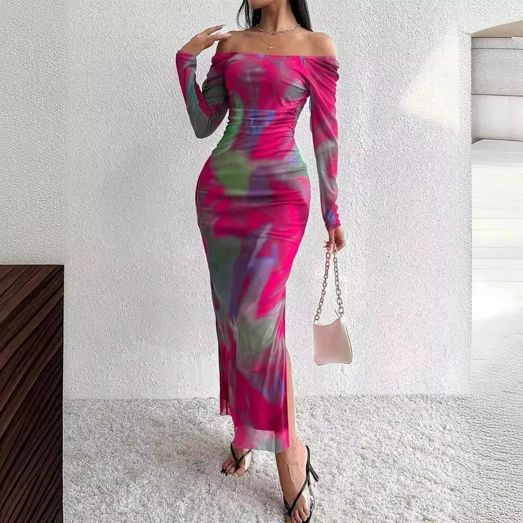 Printed pleated mesh fishtail dress with square collar and thigh split in gradient colours