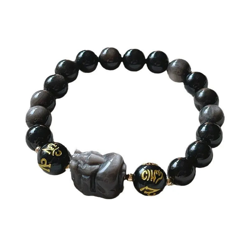 Men's silver stone bracelet with engraved Chinese zodiac symbols and proverbs on beads with adjustable closure