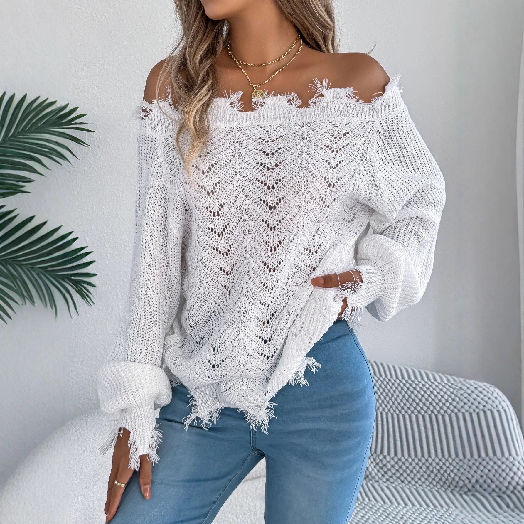 Women's white hollow-out pattern pullover sweater with cut off-the-shoulder design