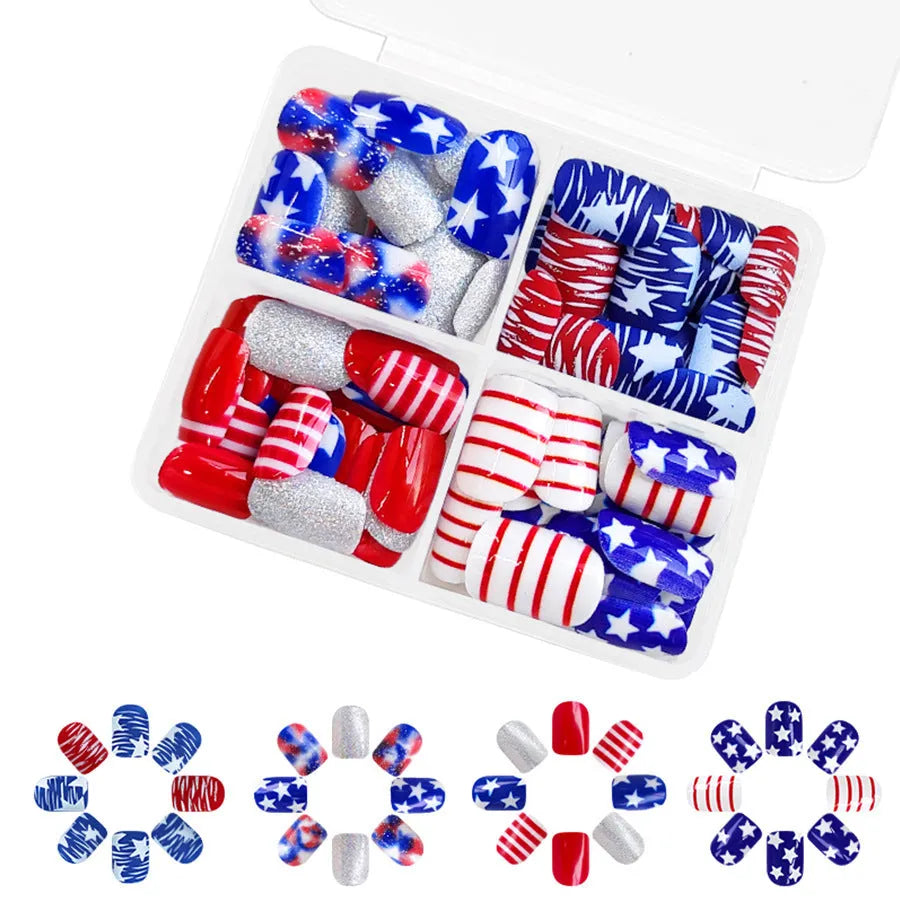 Box of finished glitter red and blue multicolor Independence Day nail tips in a short European Square shape.
