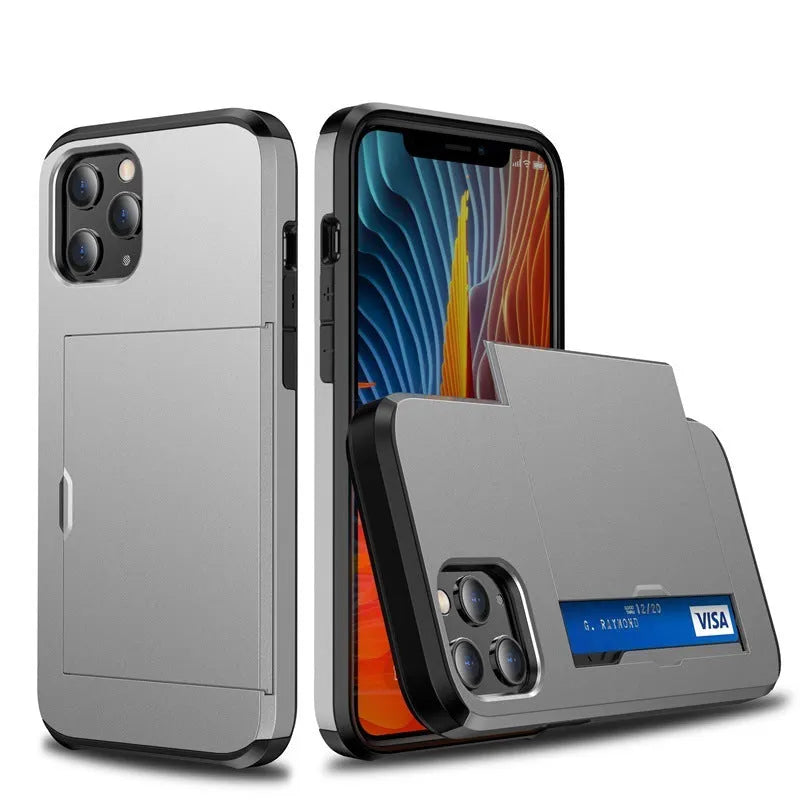 iPhone 13 mobile phone wallet case with sliding card cover in multiple colour options