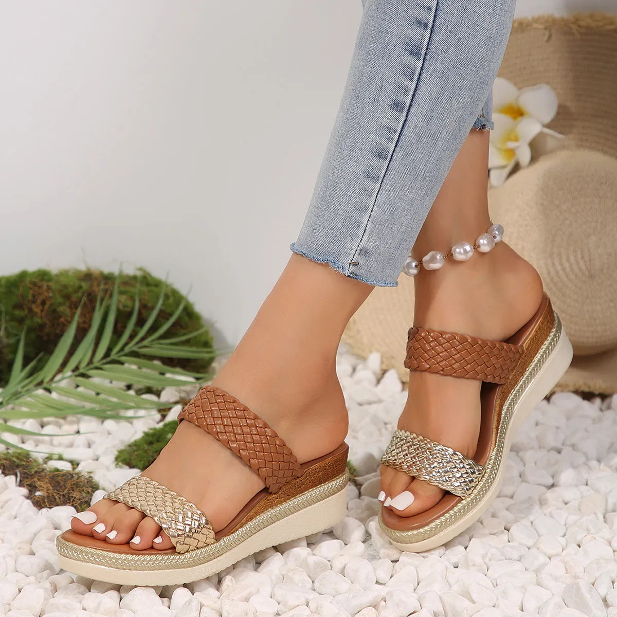 Gold and silver plus size wedge sandals for women showing PU upper and rubber sole