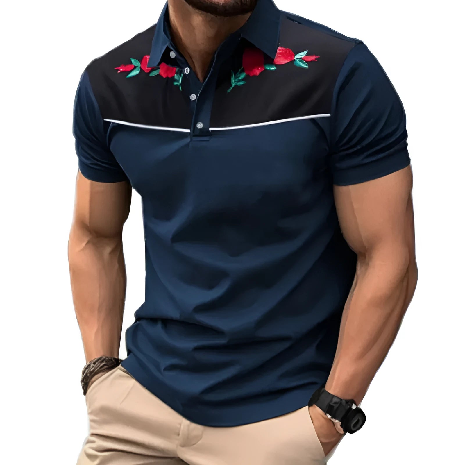 Men's short sleeve polo shirt with zip decoration on polyester mesh fabric.