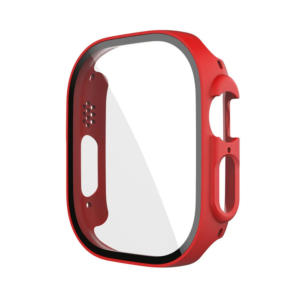 PC tempered film replacement case for Apple Watch in various colours and sizes on display.