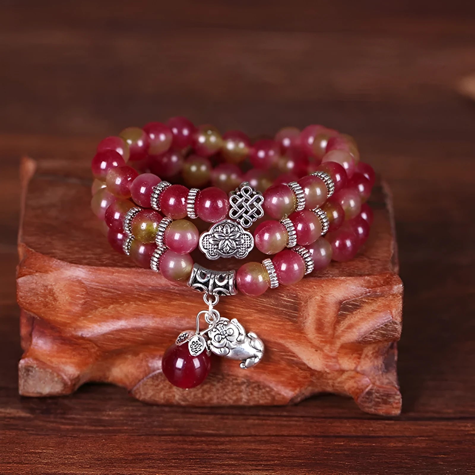 Handcrafted natural watermelon crystal bracelet with geometric beads and Chinese knot adjustable closure